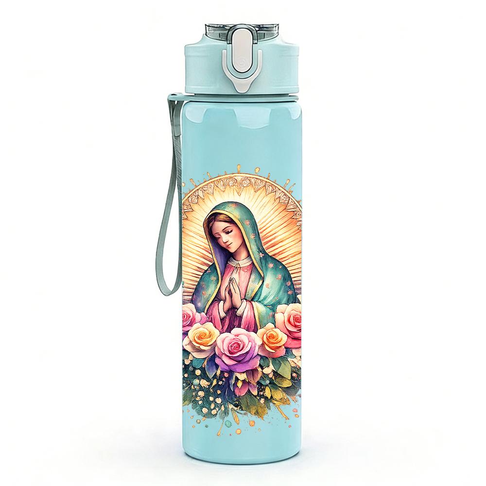 1 Stück Blumiger runder Kranz Jungfrau Maria 750 ml Farbe Kunststoff-Wasserflasche Auslaufsicherer Klappdeckel mit Strohhalm Für Sport Büro Heimgebrauch