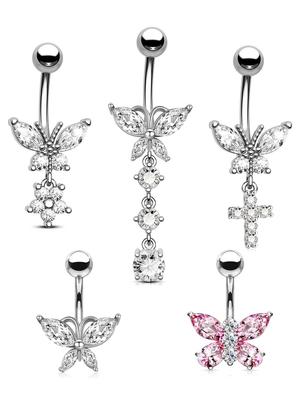 Butterfly Dangle Belly Button Ring Surgical Steel Navel Rings Pink Zircon Umbilical Ring Hypoallergenic Tummy Ring Piercing