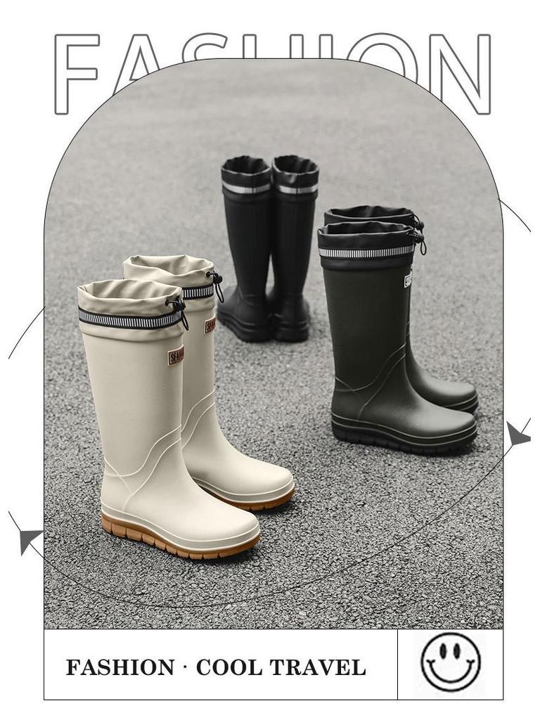 Men's High-Top Waterproof Non-Slip Rain Boots with Drawstring Long Tube Style