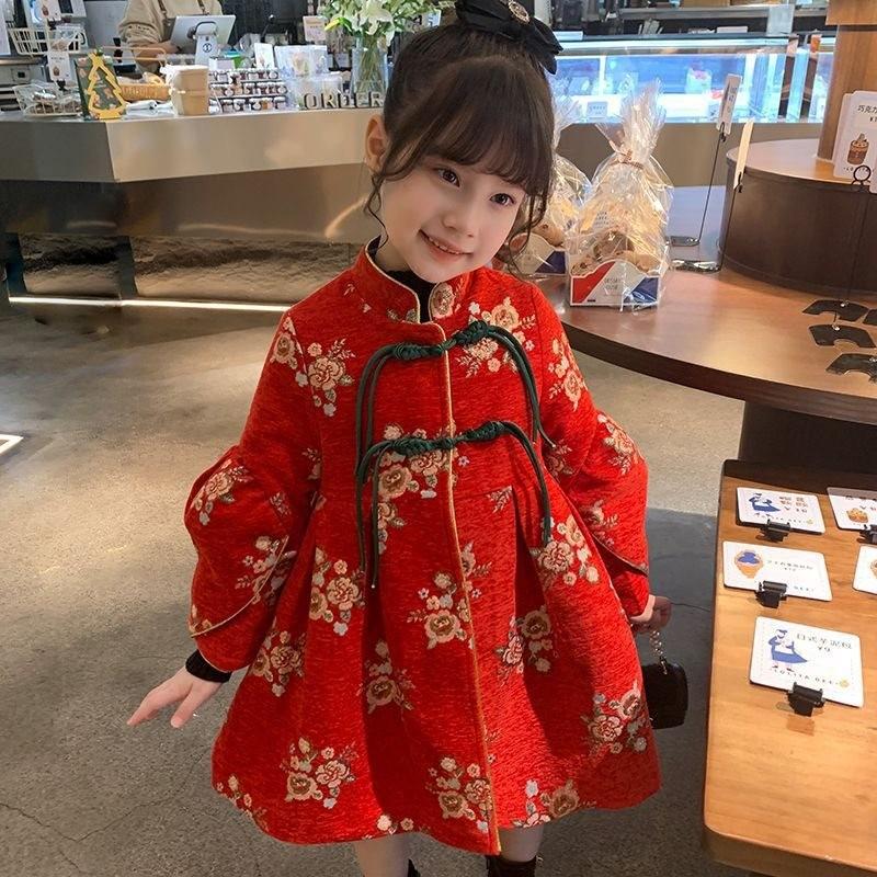 

Charming Girls Cotton Two Piece Set For Winter With Cotton Padded Jacket And Skirt Red Qipao,100cm/39.37in
