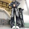 Y2K Dark Academia Denim Jeans High Waist Straight Cut Wide Leg With Raw Hem Washed Effect Streetwear
