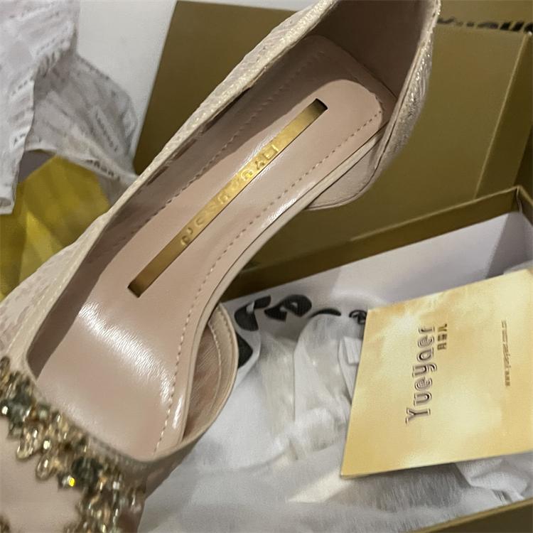 Fashion Closed Toe Sandals 2025 Summer Lace Denim Women's Female Shoe Stiletto Fashion Girls Laces Pointed Rhinestone Retro Crystal Thin