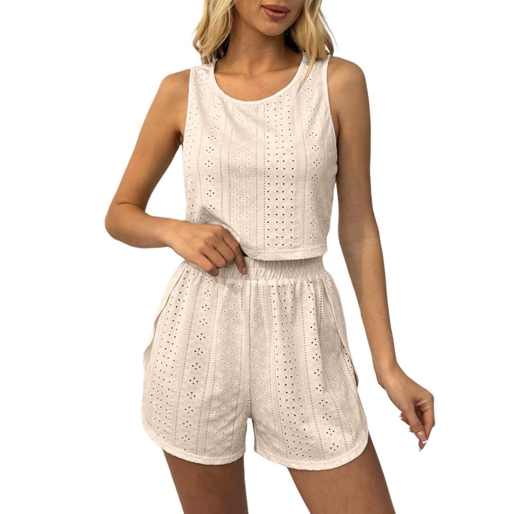 Women's Summer Fashion Sleeveless Vest Top Elastic Waist Shorts Casual Sports Two-piece Set