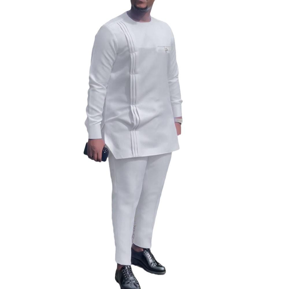 Men's Casual Two-Piece Set: Solid Color, African Ethnic Style