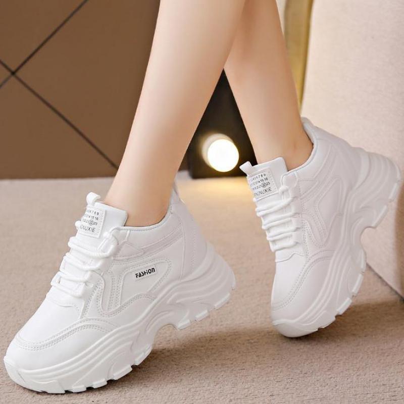 Fashion Black Leather Sneakers Platform Thick Sole Chunky Elevator Shoes Women Winter Autumn Fashion Outdoors Height Increasing Shoes