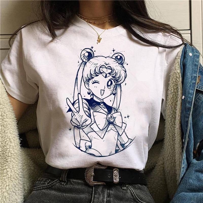 

Симпатичные Сейлор Мун футболка Harajuku Мультфильм Печатные женщины Белый Топ хип-хоп женский летний Streetwear Дамы O-образный вырез Одежда Топы