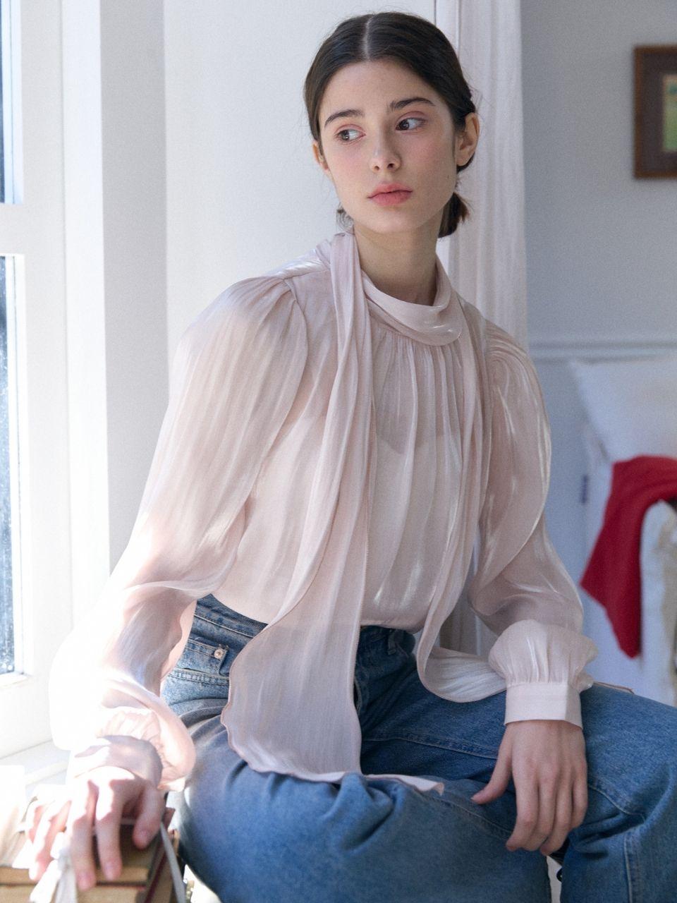 Fabric Seoul Tie Collar Silky Glossy Blouse_Pink Ivory/Free