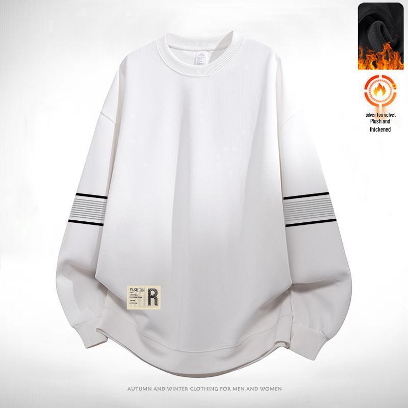 

Men s Fleece-Lined Round Neck Sweatshirt: Autumn/Winter Long Sleeve Casual Loose Fit Pullover 2XL (for 65-72 kg)