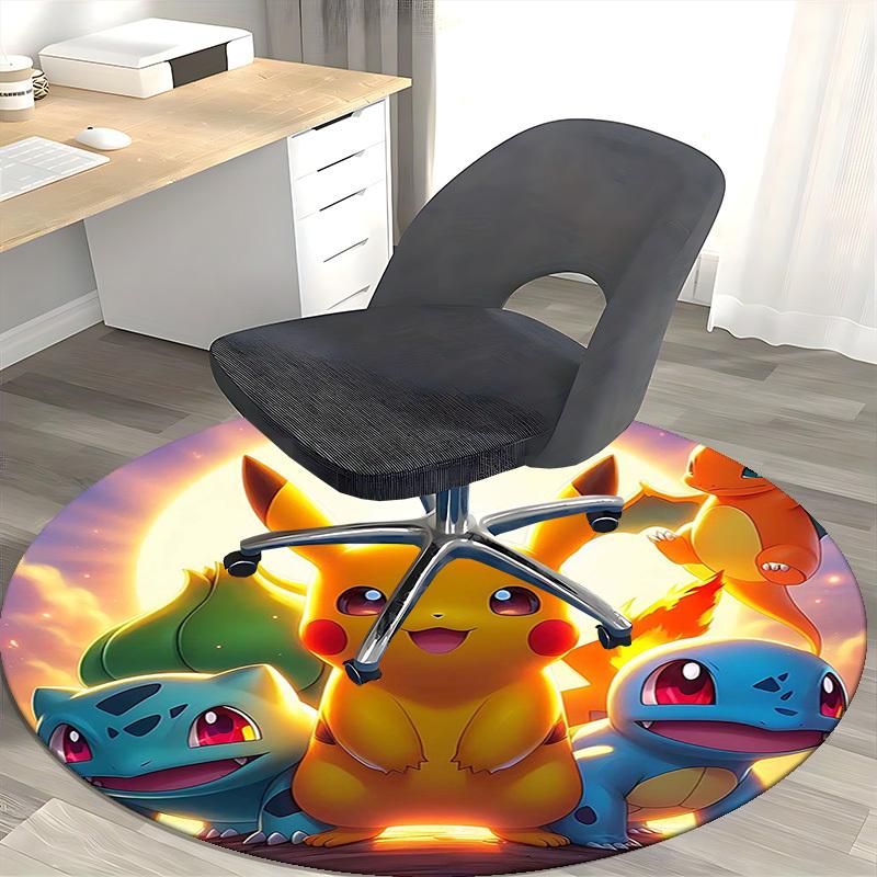 1pc Pikachu & Friends Pokémon Round Carpet - Anime Design Chair Mat, Non-Slip Rug for Office, Home Decor, Living Room