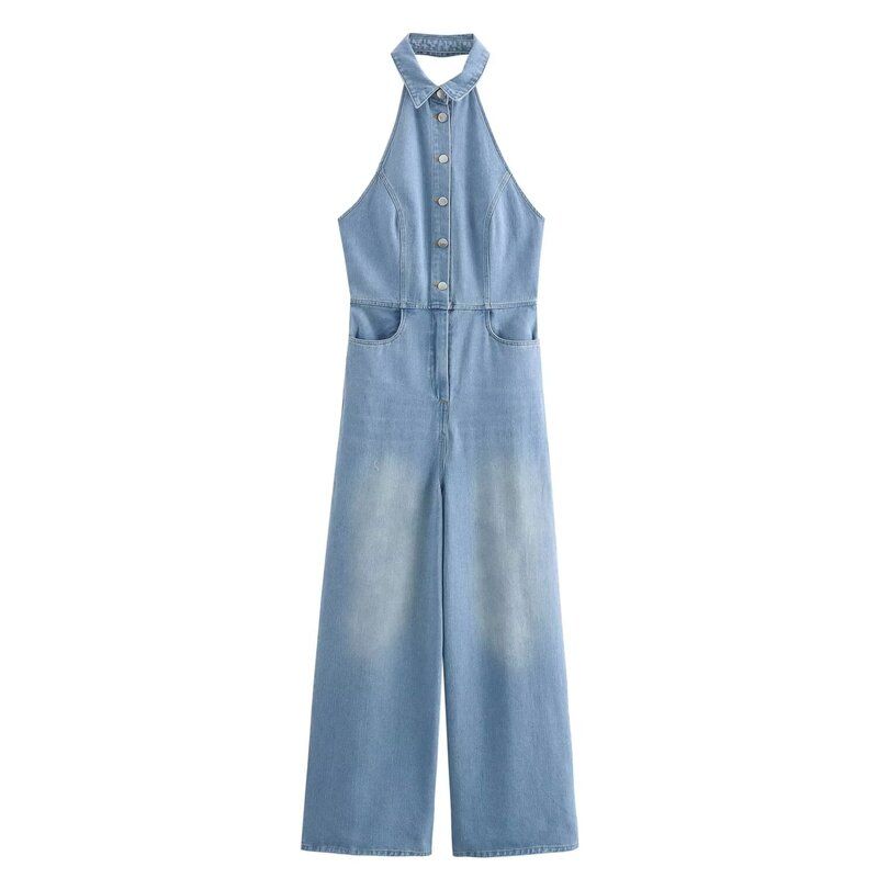 Fashion Style 2024 Autumn New Arrival Women's Stylish Hanging Collar Easiest for Match Denim Jumpsuit Pants 6147125