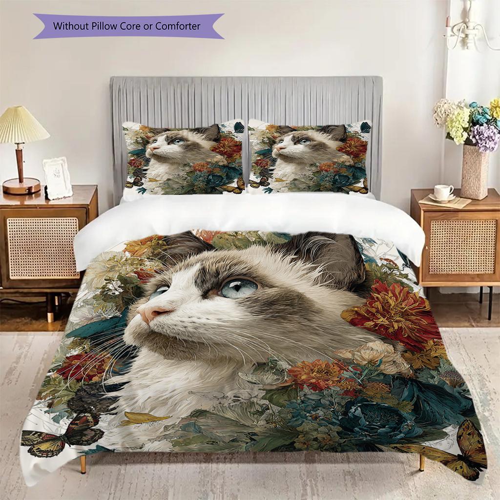 Maine Coon Pattern Bedding Quilt Set Quilt Cover Pillowcase Home Decoration Birthday Gift (1 * Duvet Cover + 2 * Pillowcase, Without Core)