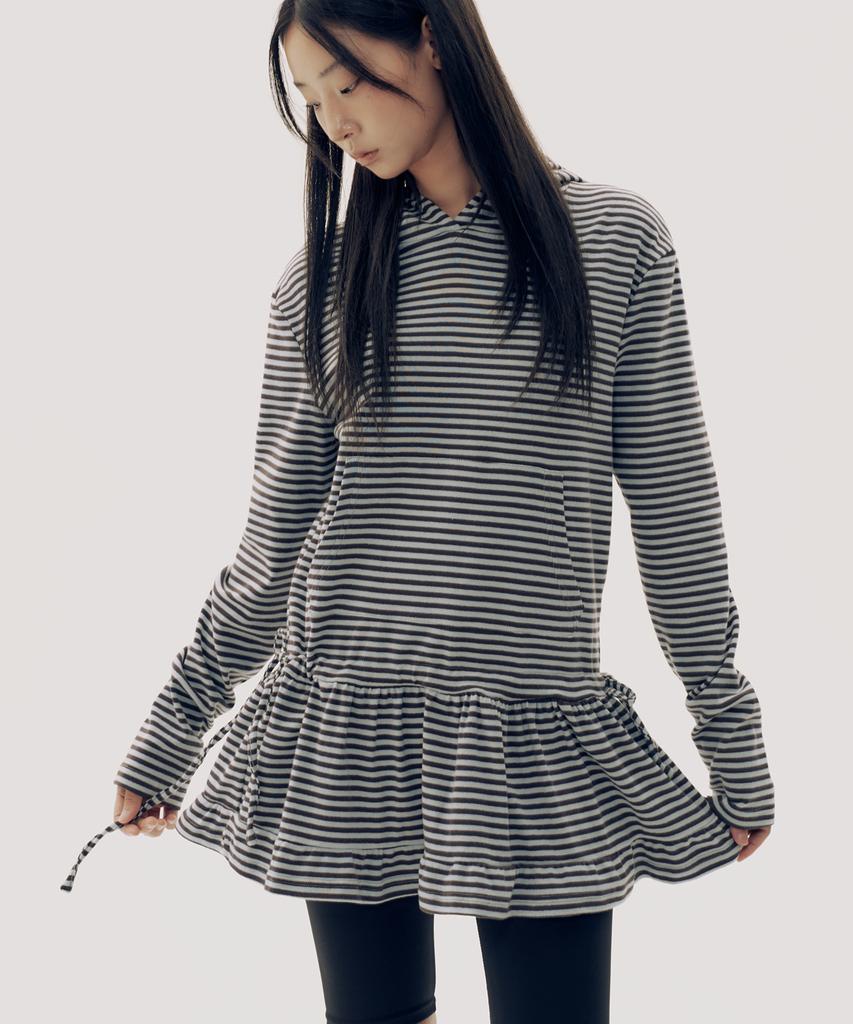 SOME PLACE Ruffle Layered Striped Frill Long Sleeveless Hoodie _2 Colors