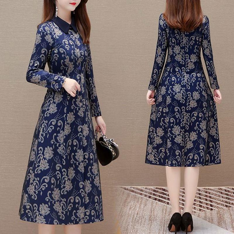 Vintage Floral Printed Midi Dress Women's Casual Lapel Spliced Spring Autumn Long Sleeve Elegant A-Line Waist
