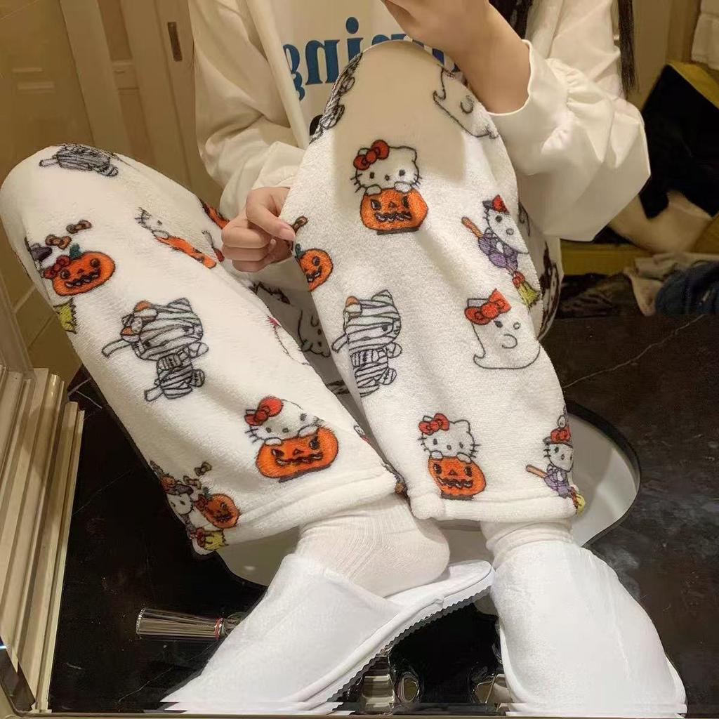Cartoon KT Cat Christmas Flannel Pajama Pants for Women - Cozy Autumn/Winter Kitty Fleece Sleepwear