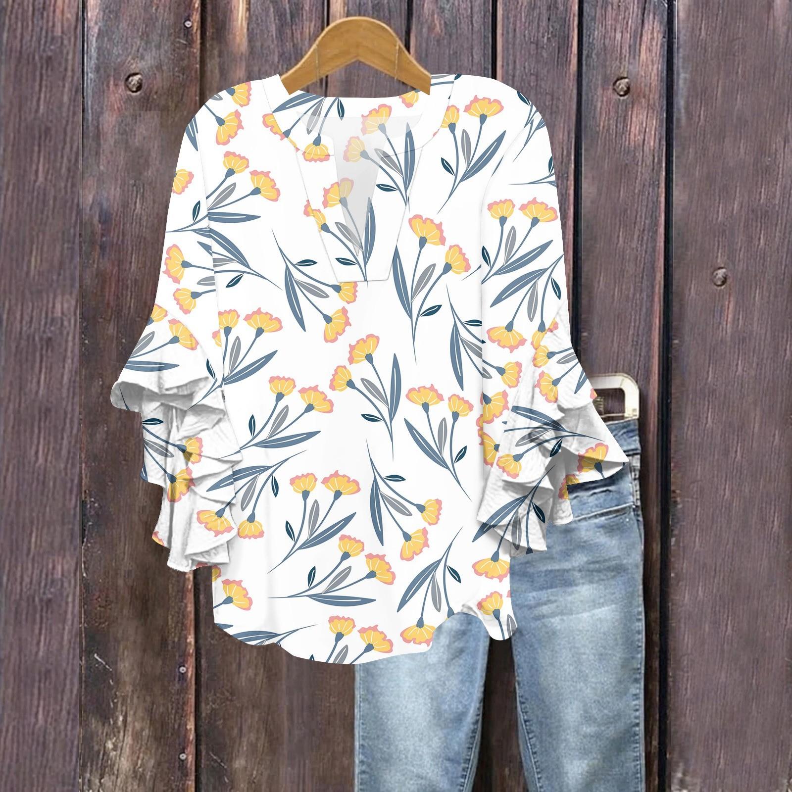 

Летние топы для женщин, симпатичные блузки с V-образным вырезом и рукавом 3/4, повседневные рубашки с цветочным принтом XXL белый