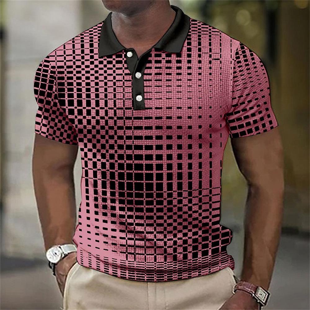 Men's 3D Plaid Print Casual Loose Short Sleeve Polo Shirt