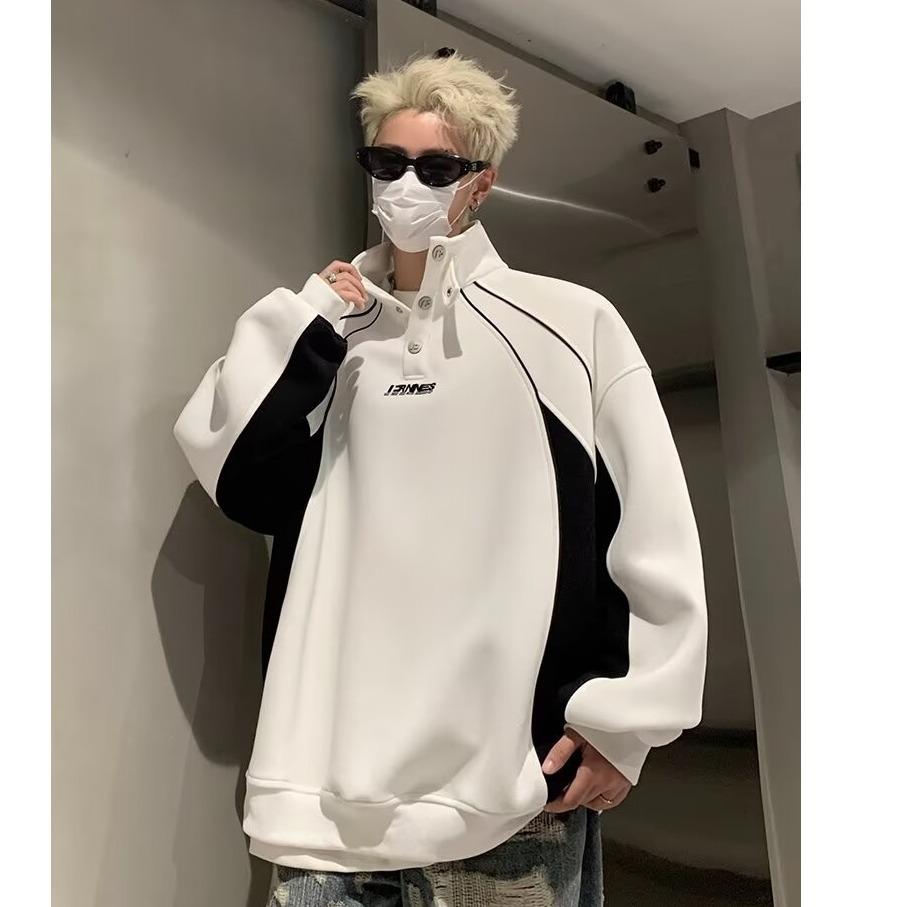 Men s Retro Heavyweight Stand-up Collar Hoodie - Spring/Autumn 2025, Trendy Loose-Fit Casual Jacket L