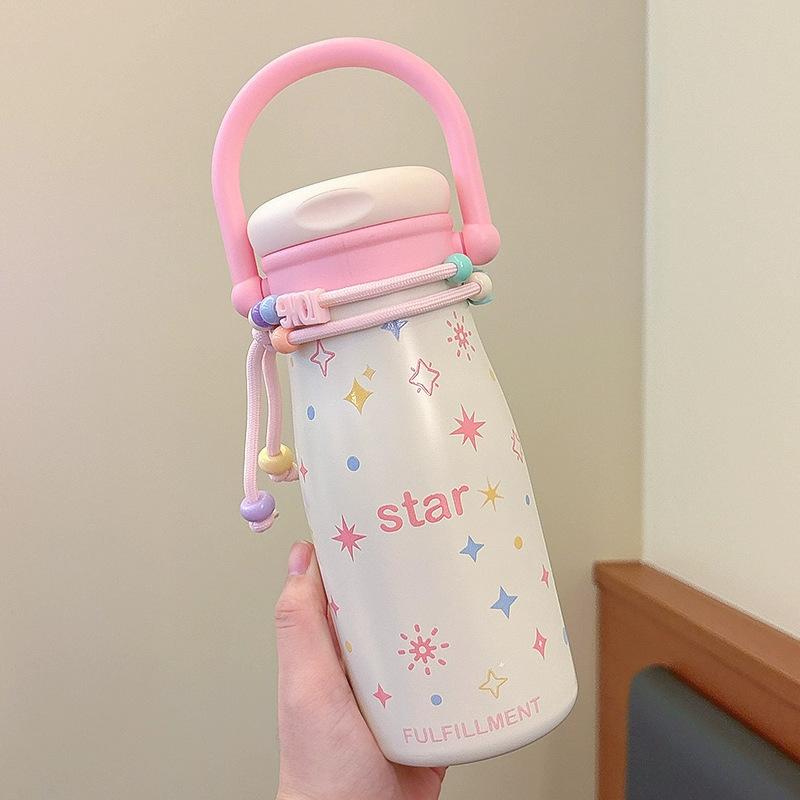 Large Capacity High Value Cartoon Thermos Cup, Girls Portable Double Drink Straw Kettle, Student Strap Cup