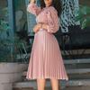Women's Mock Neck Three Quarter Sleeve Midi Dress Loose Fit High Waist Elegant Hollow Lace Pleated A Line Dress Party Formal Dress