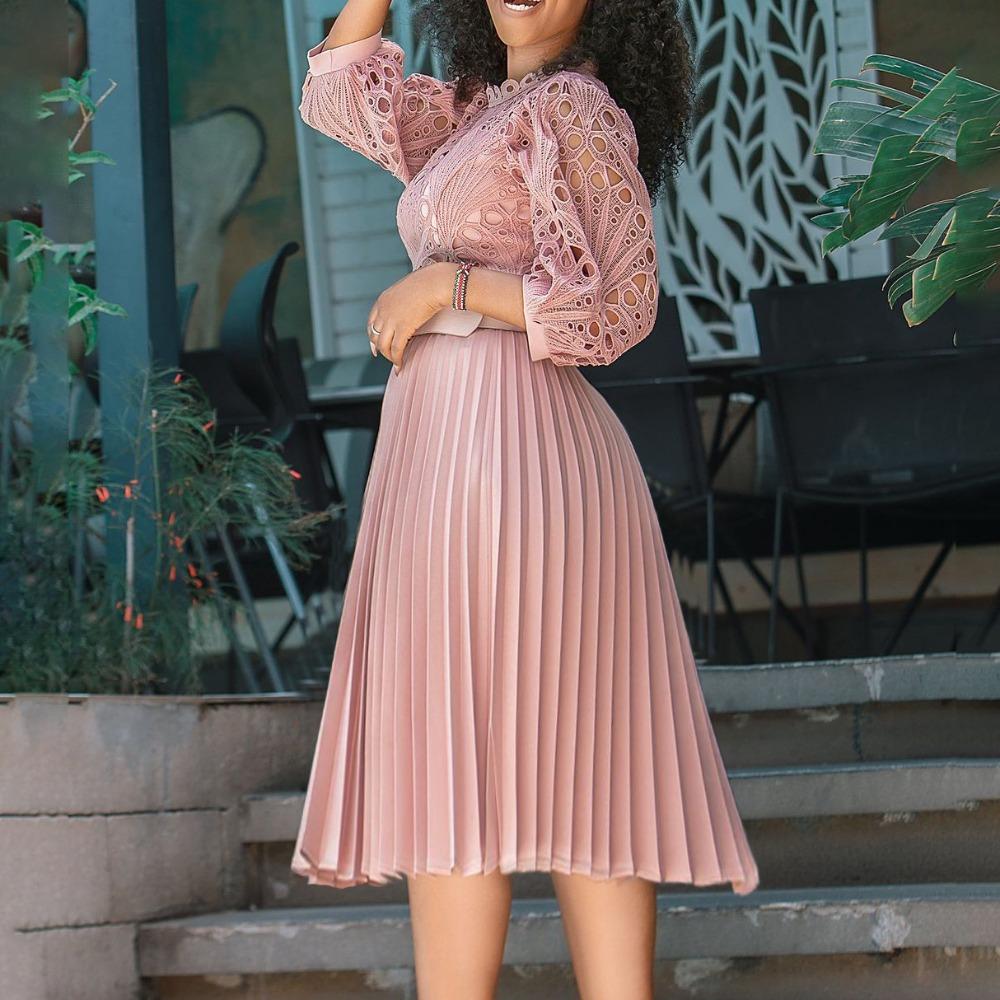Women's Mock Neck Three Quarter Sleeve Midi Dress Loose Fit High Waist Elegant Hollow Lace Pleated A Line Dress Party Formal Dress