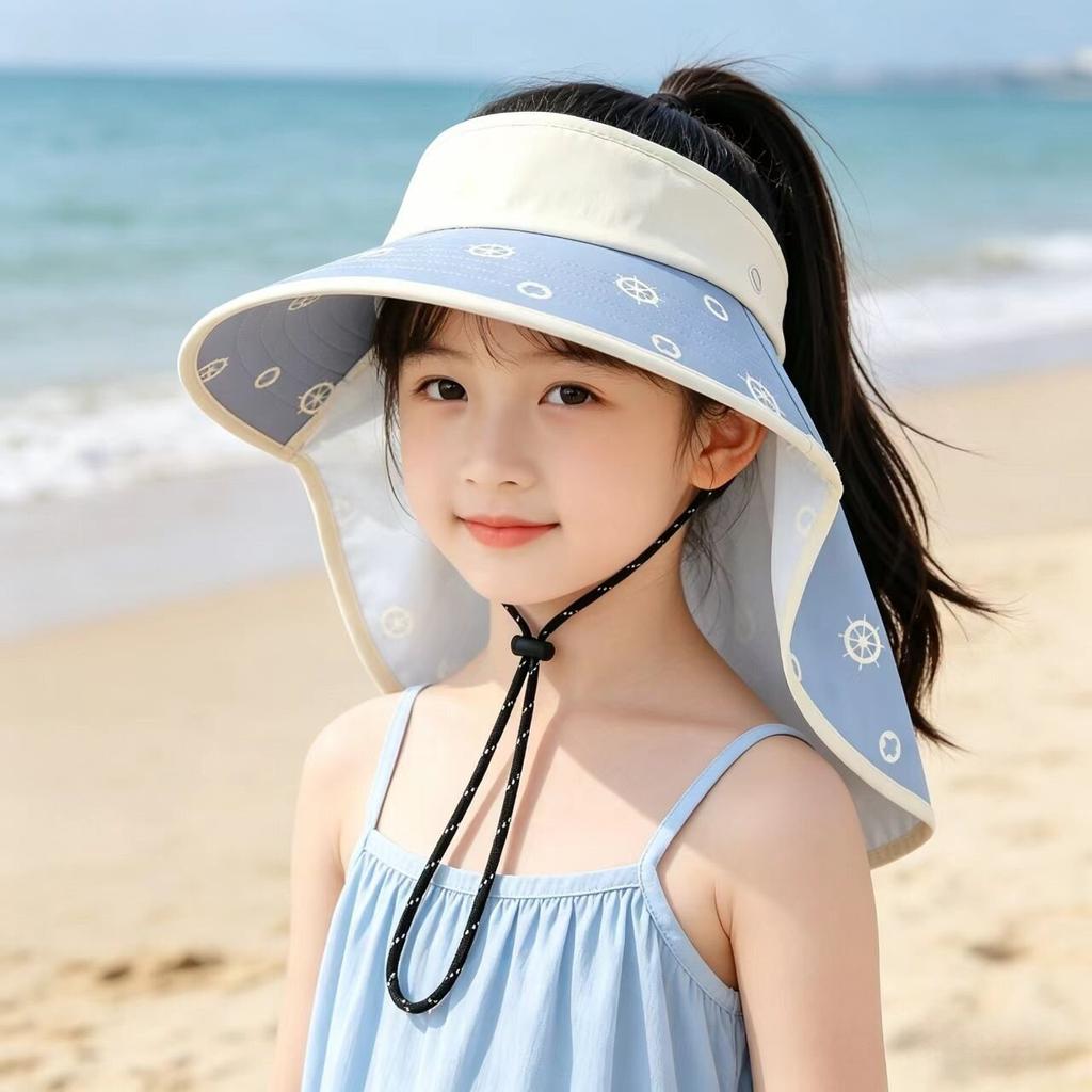 New fashion children's beach outdoor hat boys and girls shawl empty top hat cartoon wide brim summer shading adjustable