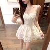 Sling adjustable pure desire wind fairy Korean waist design splicing lace off shoulder sleeveless high-end skirt woman