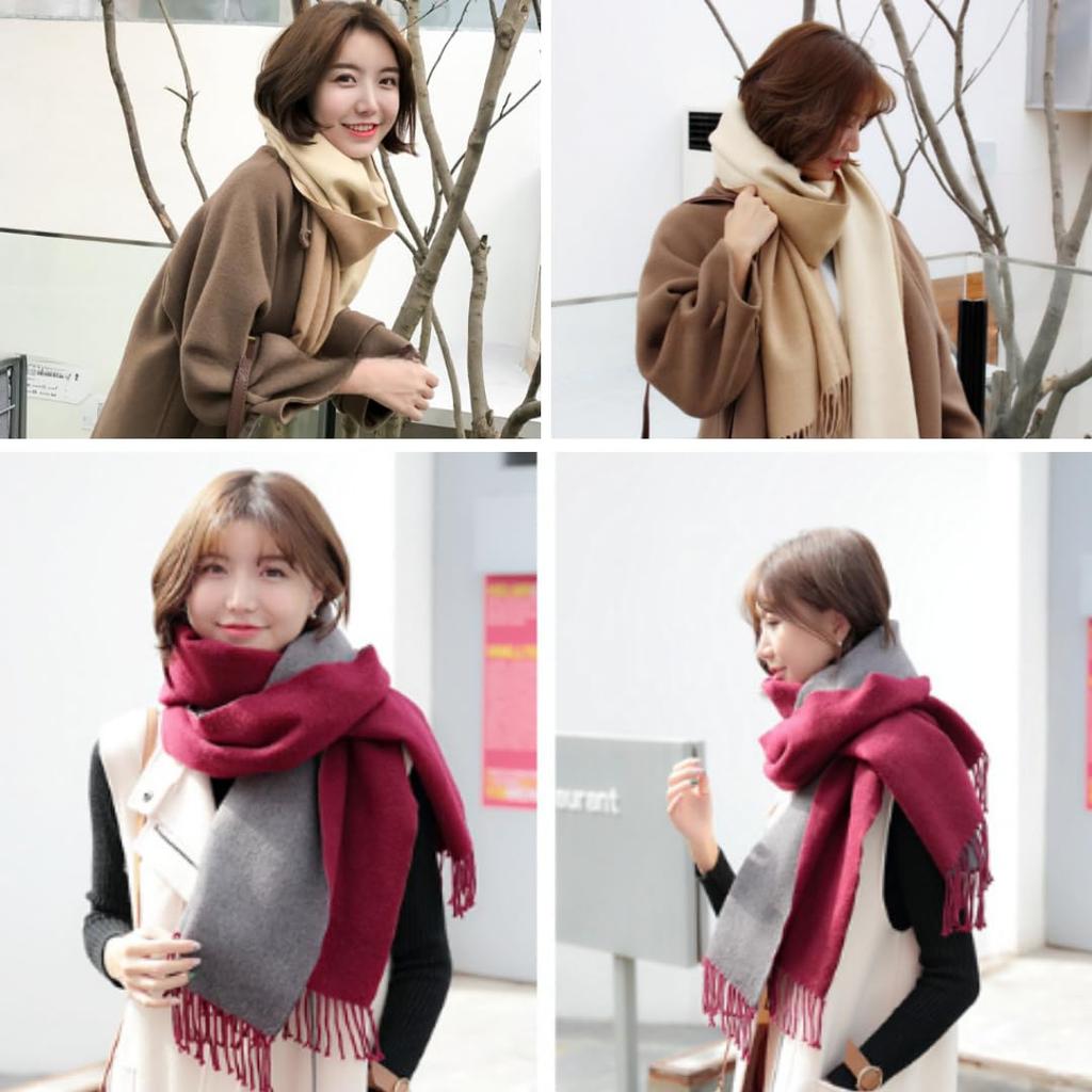 [Uccellino] Two-tone Large Stole/Scarf, Thick, Cashmere-like, Washable, Cold Weather Shawl/Throw, Reversible (Beige X Brown)
