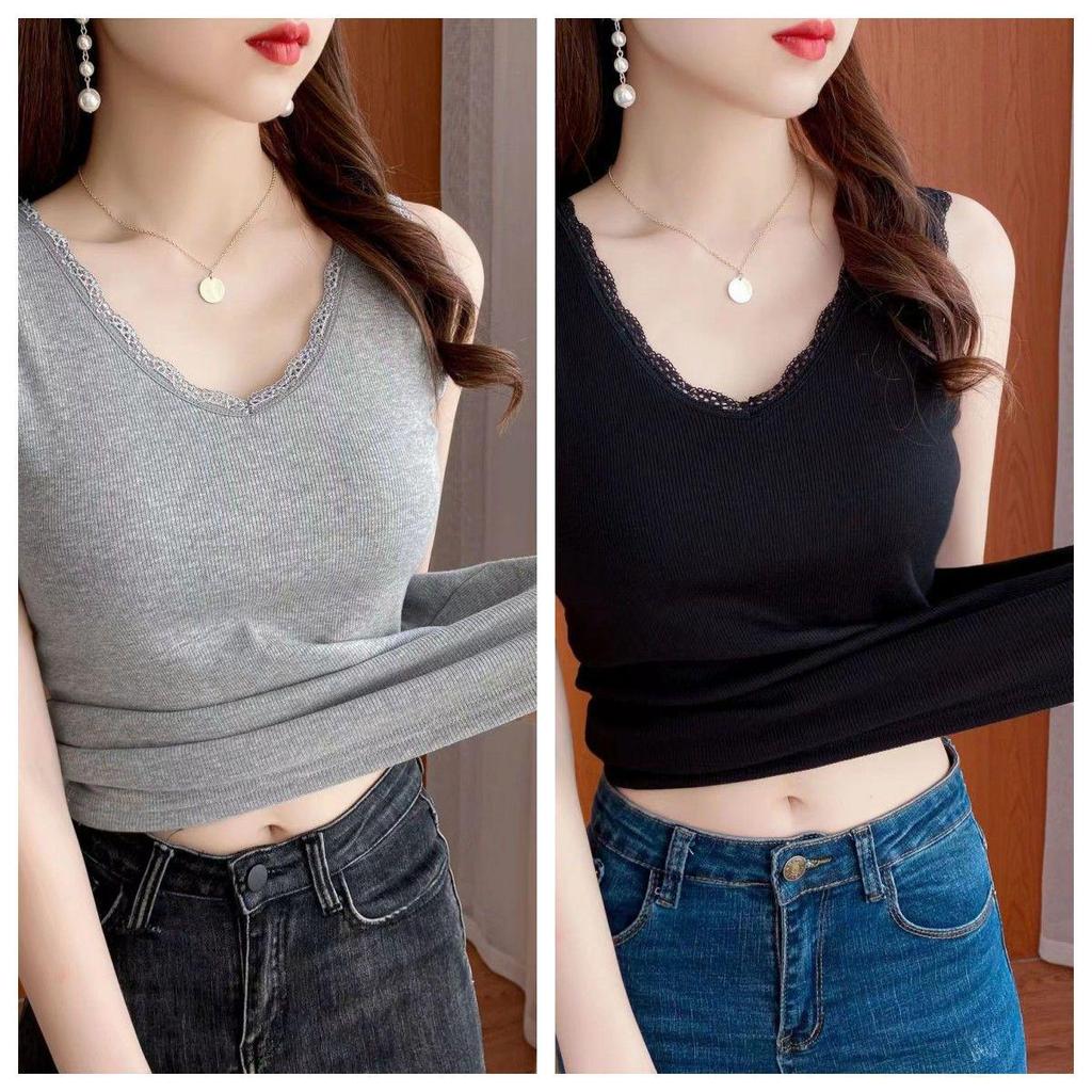 Modal Cotton V-Neck Lace Trim Ribbed Tank Top - Slim-Fit Versatile Camisole for Spring/Summer