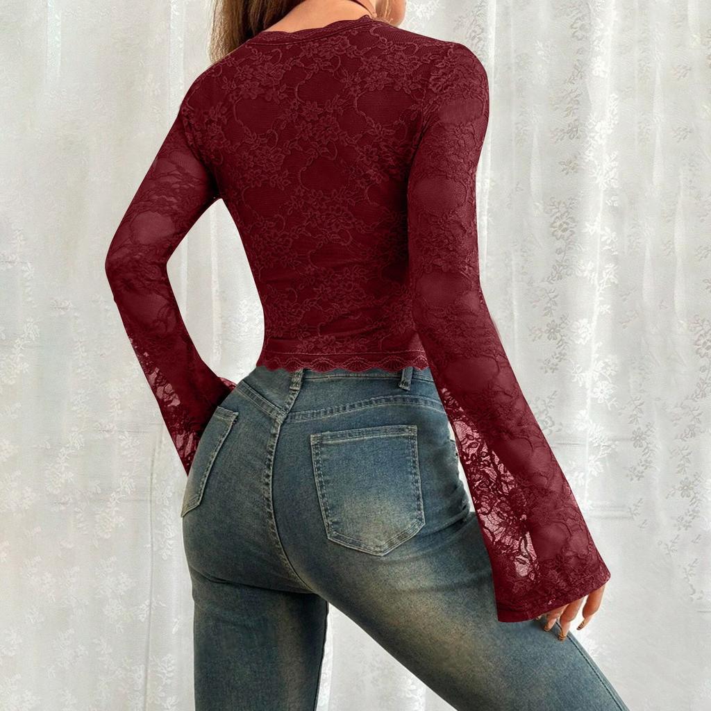 Women Lady Long Sleeve Lace Stitching Blouse Tunics Tops Shirts