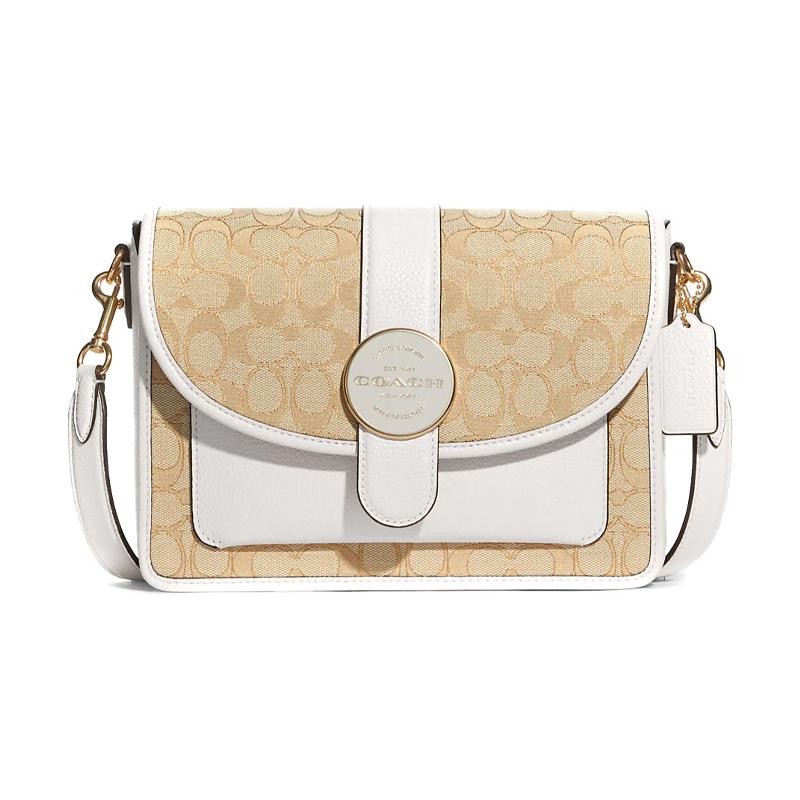 

COACH crossbody bag Lonnie 25 classic old flower all over printed jacquard fabric and leather Chambray light color champagne shoulder medium size коричневий