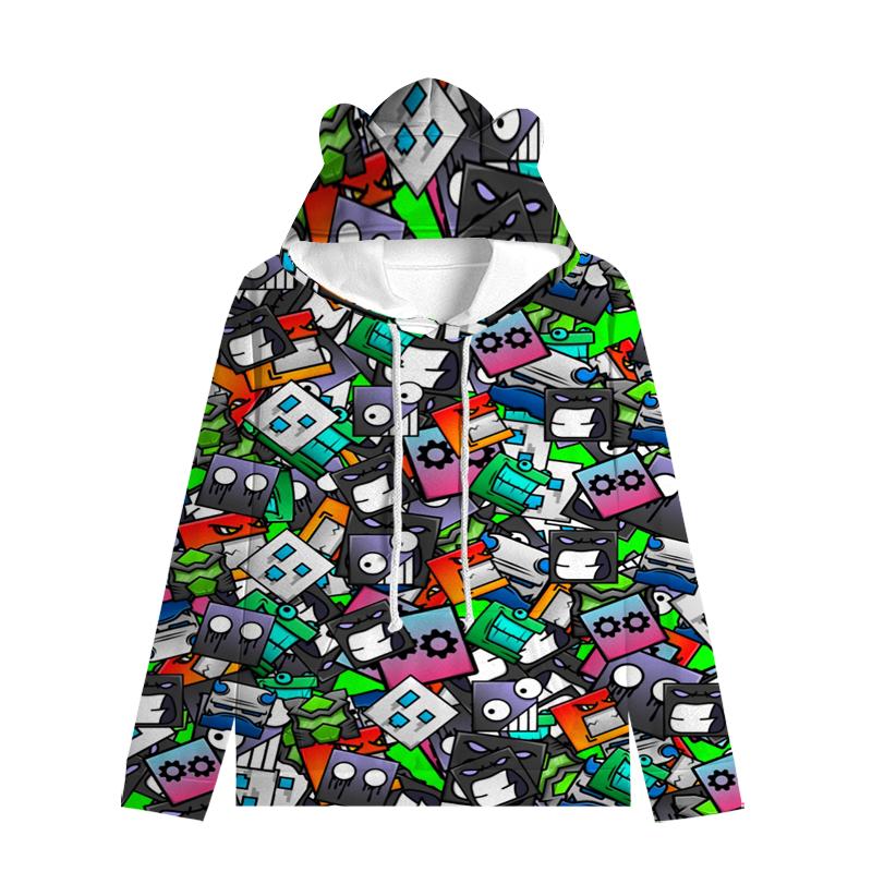 Dětská mikina Angry Geometry Dash pro chlapce Dívčí mikina Harajuku Streetwear Hip Hop Kawaii Cat Ear Pullover s kapucí