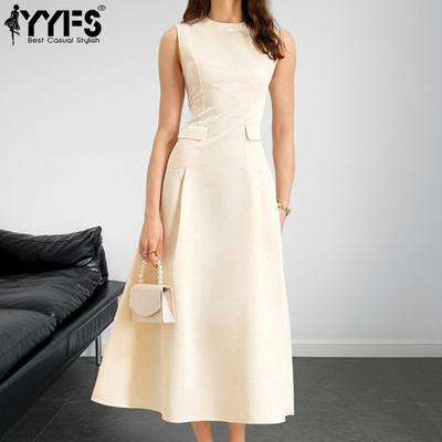 Women's Fashion Summer Spring Solid Color Print Sleeveless O-Neck High Waist Casual Dresses