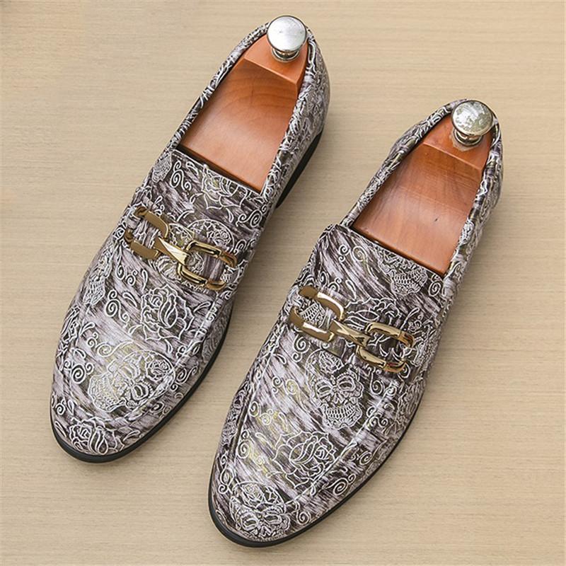 Fashion Designer Men's Pointed Metal Button Wedding Shoes Male Print Pattern Loafers Formal Dress Footwear Zapatos Hombre
