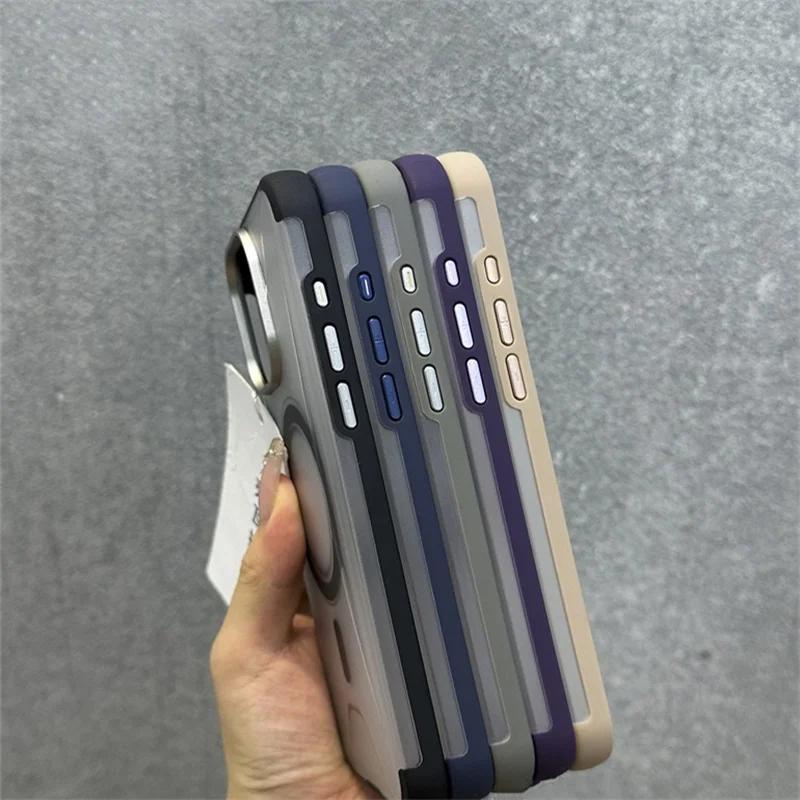 Matte Magnetic Wireless Charge Phone Case for iPhone 16 Plus 15 Pro Max Metal Lens Protection PU+TPU Shockproof Cover