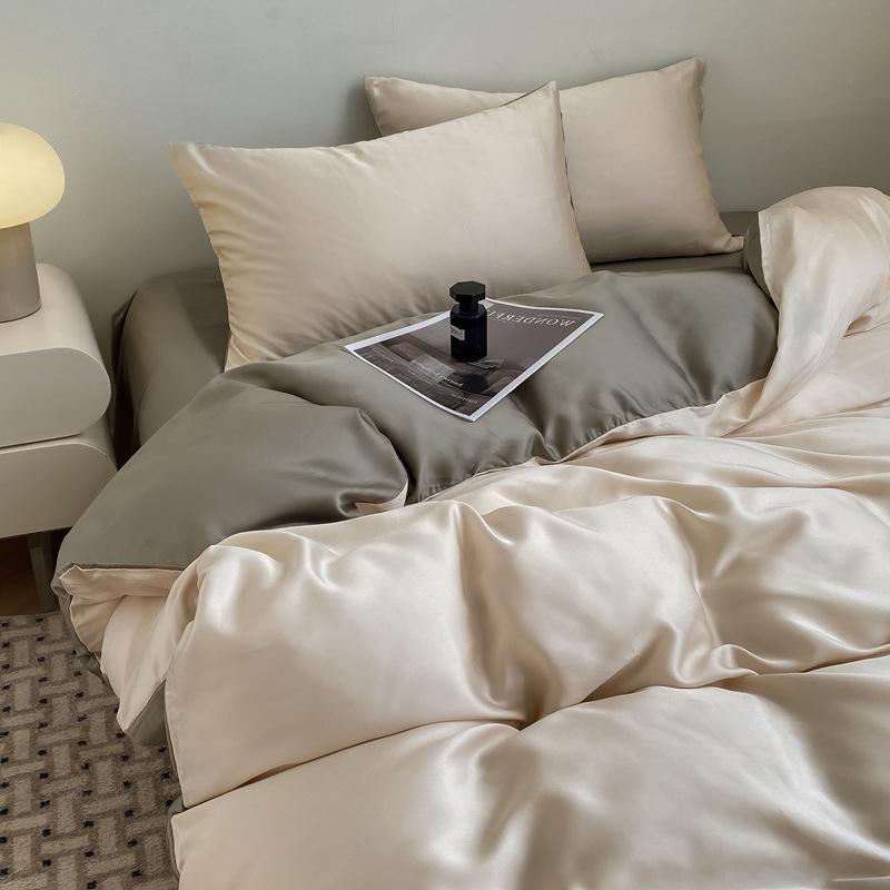 Summer Solid Color Ice Silk Four Piece Set Cool Feeling Bed Sheet Duvet Cover Three Piece Bedding Set For Dormitory Comfortable Bed Linen