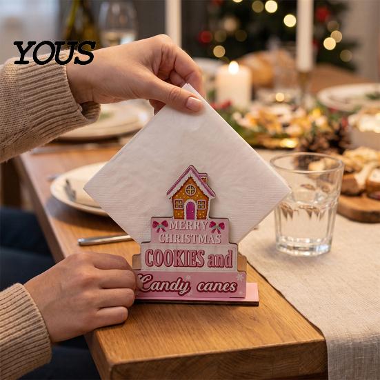 Festive Home Accents Wooden Christmas Napkin Holder, Rustic Farmhouse Tissue Dispenser, Pink Merry Hand Painted Wood Decor Cocktail Holder for Dining