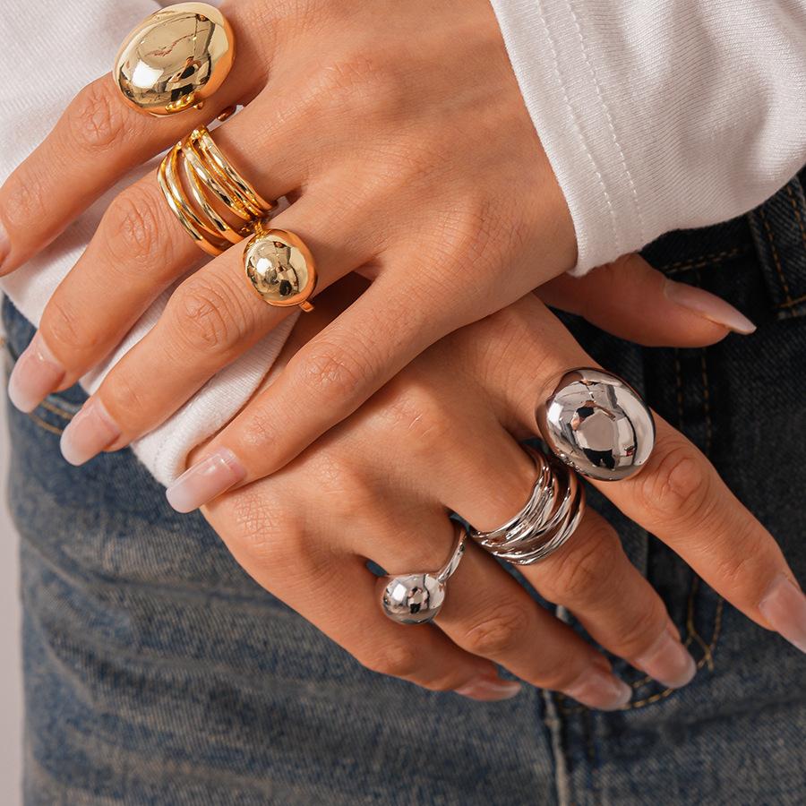 Three-piece set of metallic geometric oval beanie open ring niche jewelry