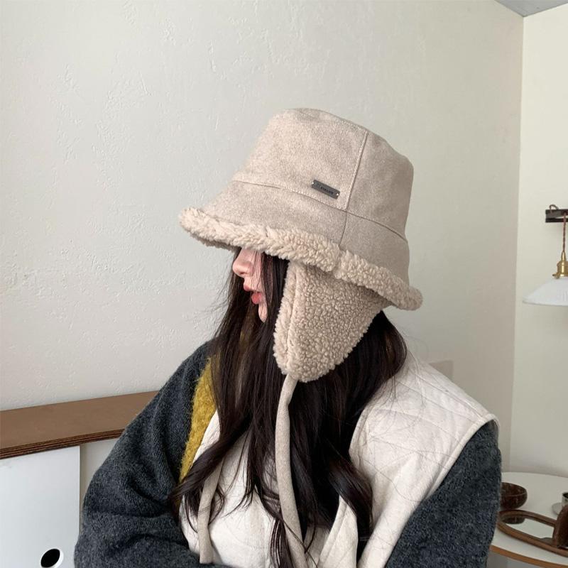 1Pc Bucket Hat Windproof Strap Versatile Lamb's Wool Warm Fisherman Hat Velvet Ear Protection