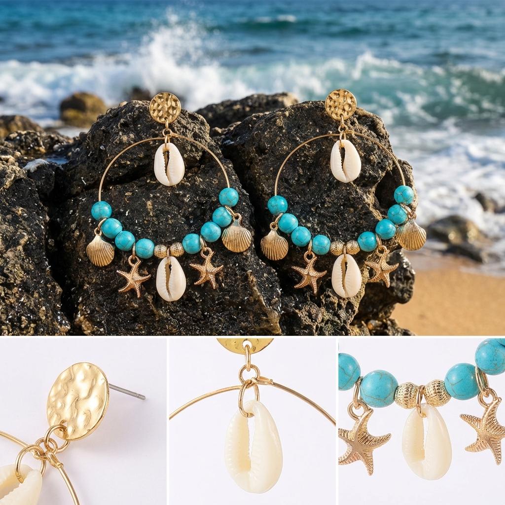 Aesthetic Turquoise Shell Dangle Earrings for Women Face-Framing Large Boho Hoops Photogenic Summer Vacation Jewelry Gift