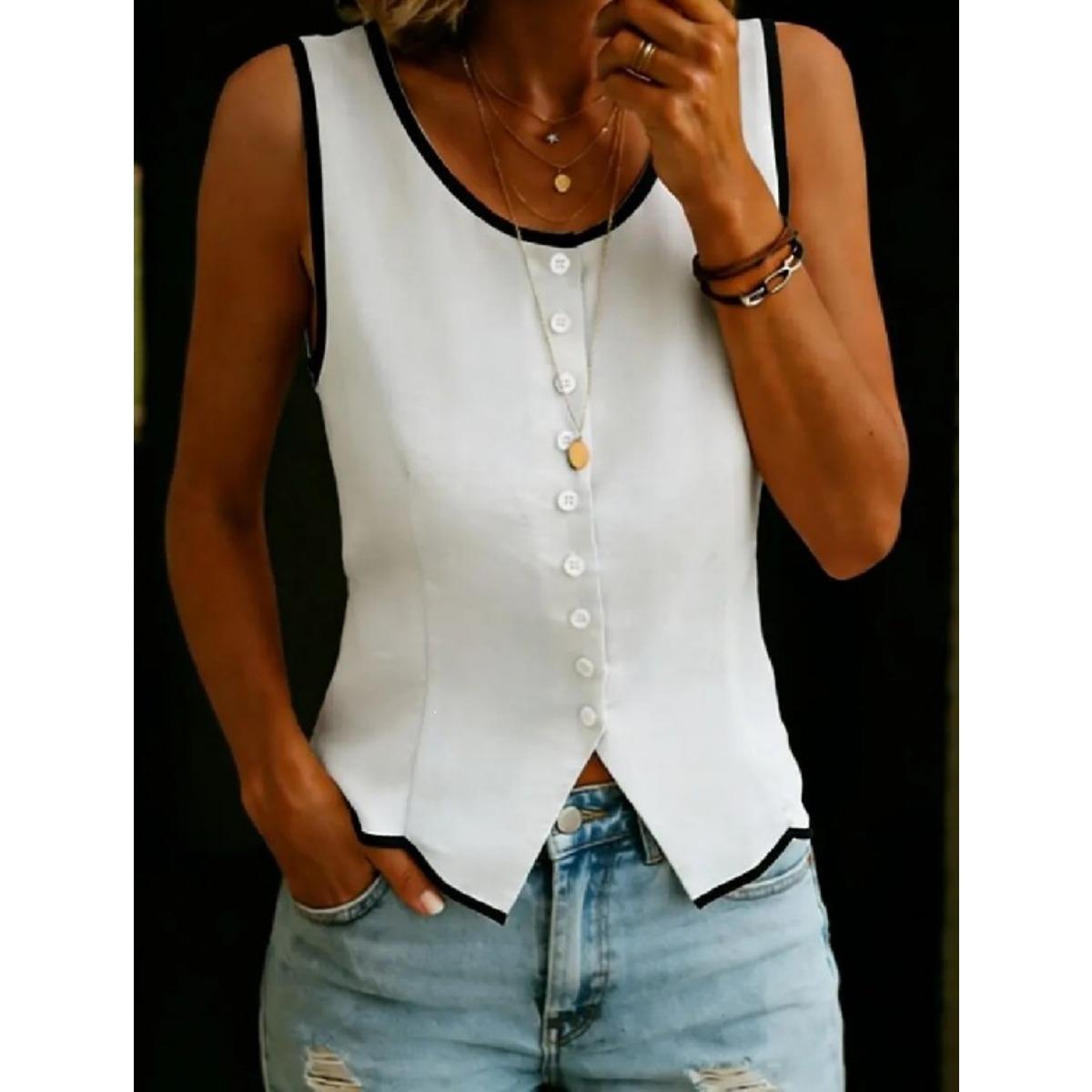 

Summer Women Sleeveless T-shirt, Fashion Black Contrast Trim Crew Neck Waist Cinched Button Top, European American Cross-border Casual Ladies Tee S белый