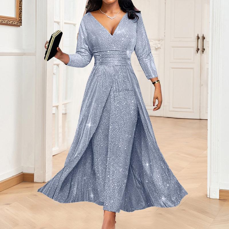 Women's V Neck Three Quarter Sleeve A Line Dress Straight Fit High Waist Glitter Sequin Double Slit Maxi Party Evening Gown