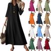 Women's Fashion V-Neck Seven Sleeve Pocket Solid Color Zipper Casual Vacation Long Cotton Linen Dresses