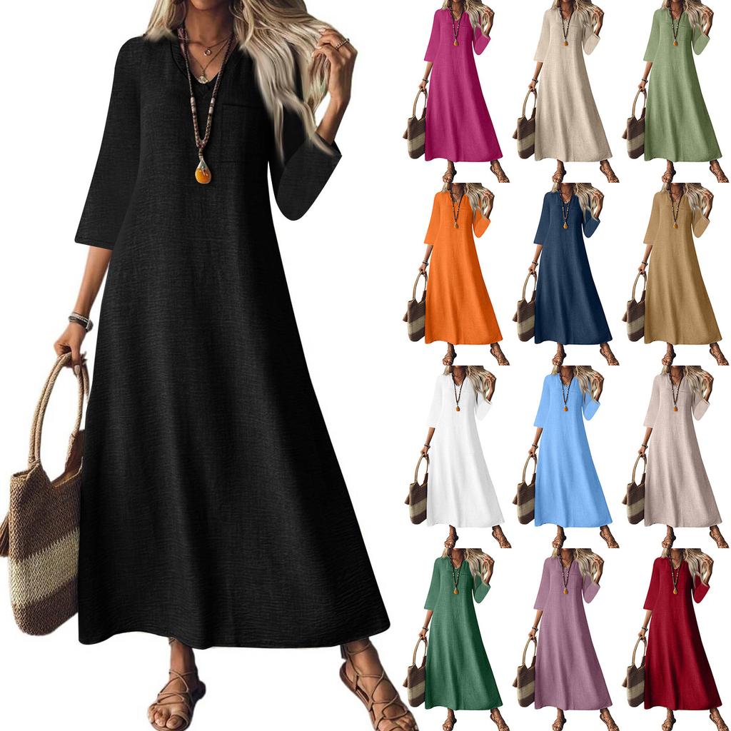 Women's Fashion V-Neck Seven Sleeve Pocket Solid Color Zipper Casual Vacation Long Cotton Linen Dresses