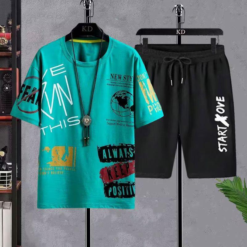 

Комплект футболка с коротким рукавом тай-дай и повседневные спортивные штаны - Мужская летняя спортивная одежда, дышащая и тонкая футболка с круглым вырезом. M [80-100 lbs]