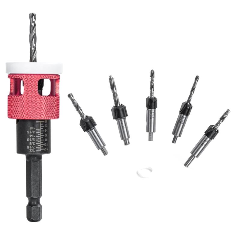 Pack of 5 Hex Shank Countersink Drill Bits with Adjustable Depth Stop Tapered Bits for DIY Projects and Professional Use