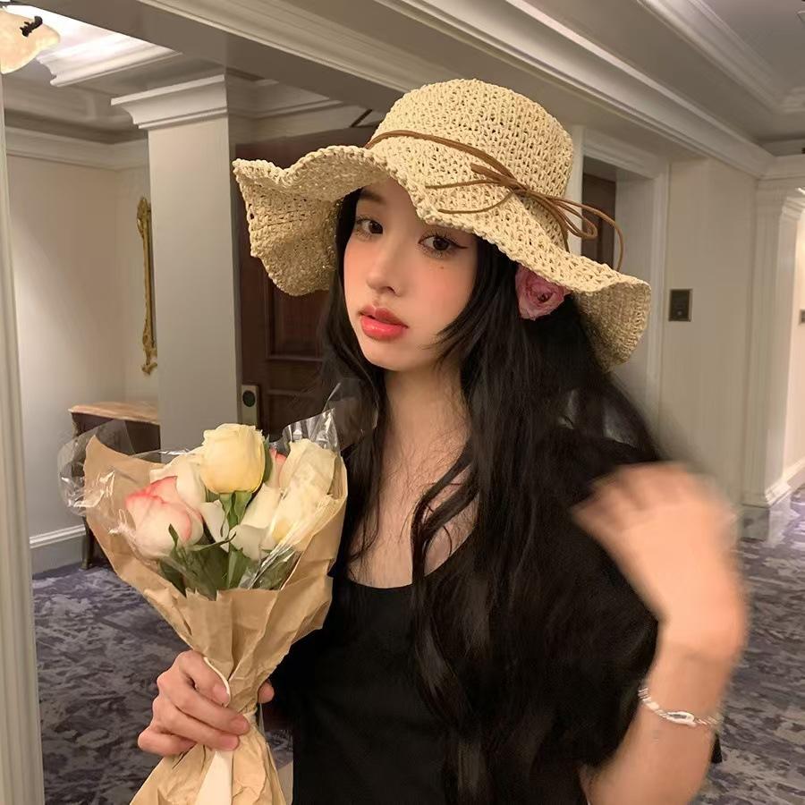 New Holiday Sle Beach Fisherman Hat Seaside Sun Protection Sun Hat Large Brim Bow Woven Straw Hat Women