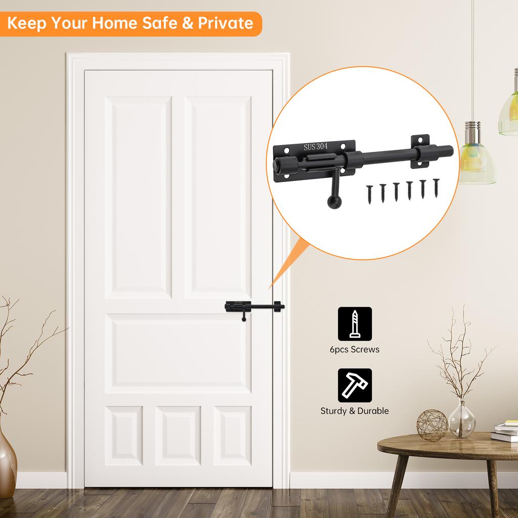 304 Stainless Steel 6-12 Inch Barrel Bolt Latch 10mm Thick Padlock Hole Black Heavy Duty Includes 6 Screws Universal Door Window Cabinet