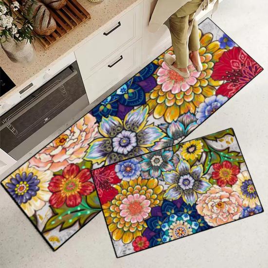 2 alfombras de cocina con estampado floral de colores vibrantes, resistentes al desgaste, antideslizantes, fáciles de limpiar, antiincrustantes