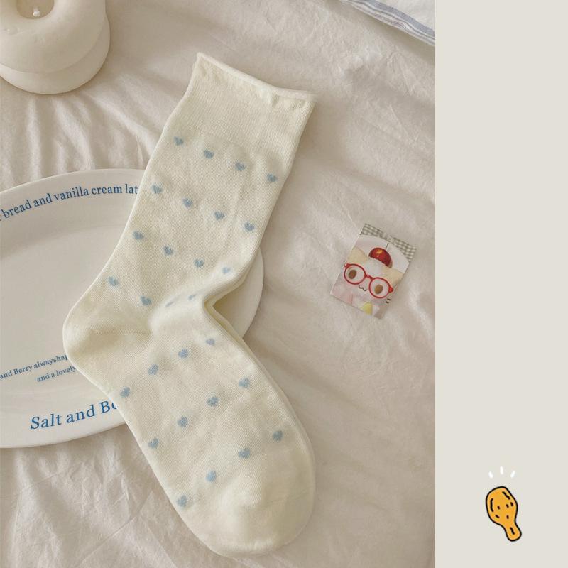 

Blue and White Socks for Girls, Autumn Cartoon Little Black Coal Ball Mid-calf Socks, College-style Color-blocked Rolled-up Socks 1 pair