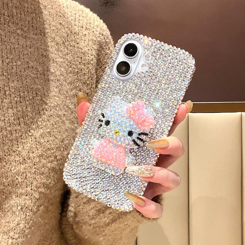 Full Diamond Three-dimensional KT Cat Suitable for Apple 17 Mobile Phone Case iPhone16ProMax Cute 15 Cartoon 14 Protective Case